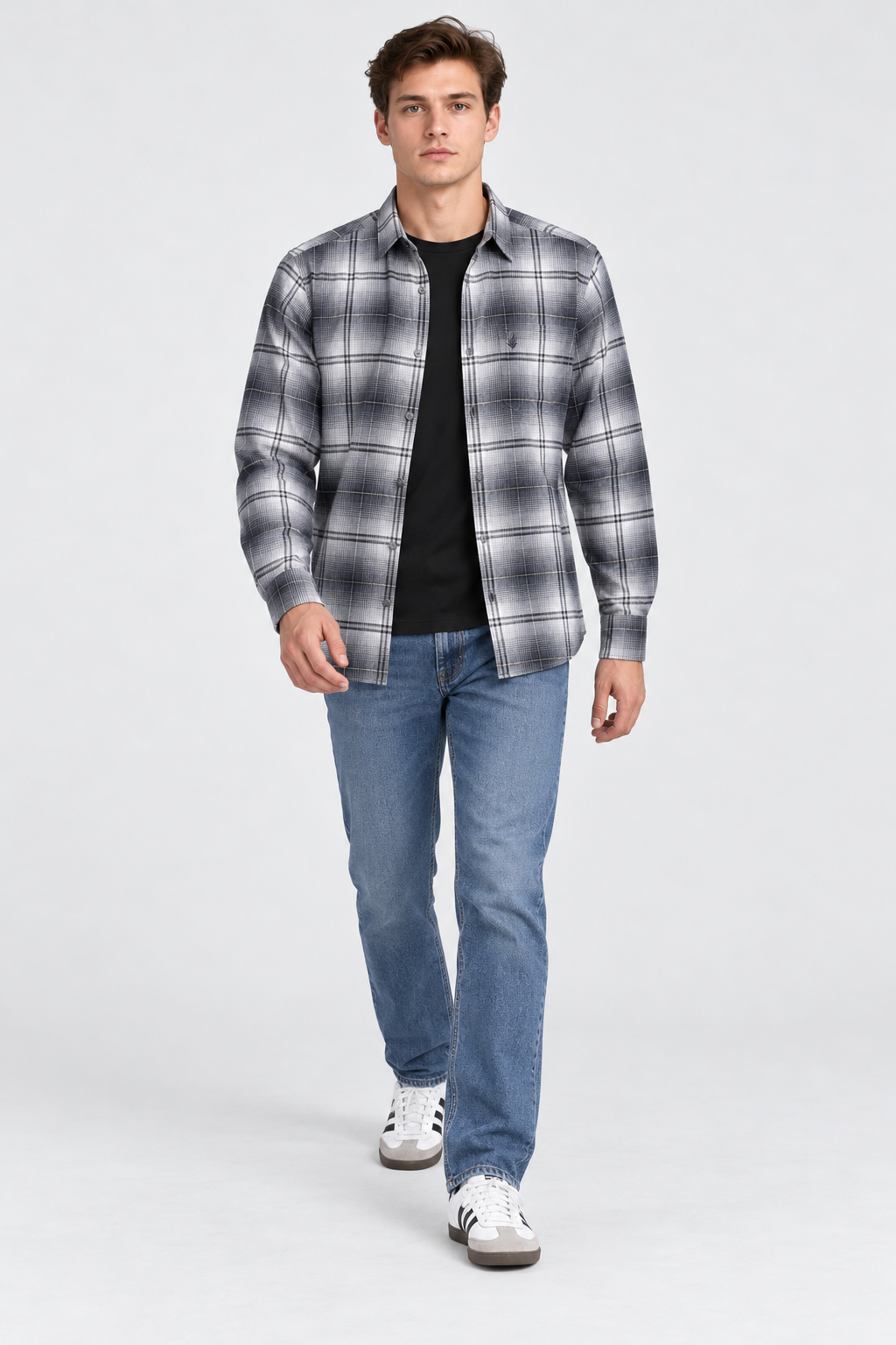 Men's Regular Fit Twill Brushed Checkered Full Sleeve Shirt with Spread Collar and Chest Pocket – Denim