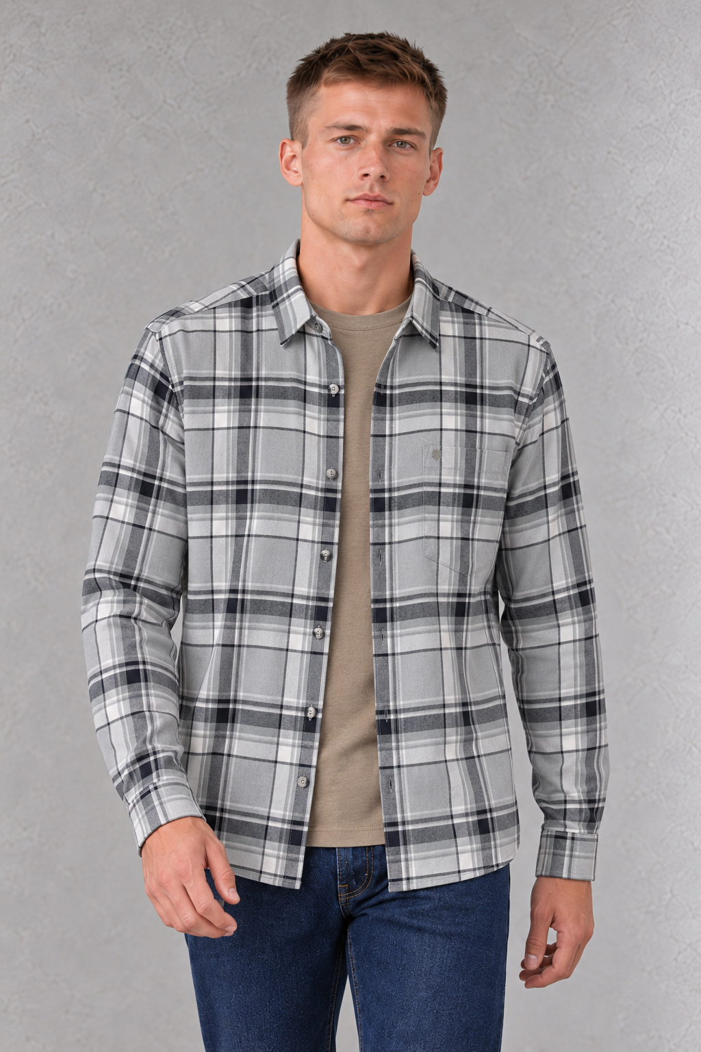 Men's Regular Fit Twill Brushed Checkered Full Sleeve Shirt with Spread Collar and Chest Pocket – Fern