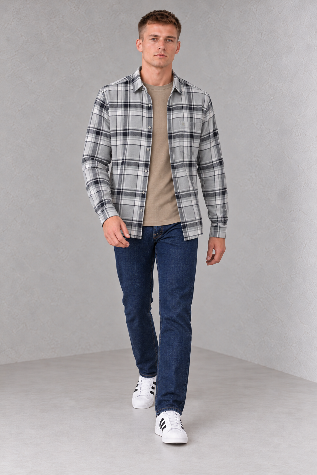 Men's Regular Fit Twill Brushed Checkered Full Sleeve Shirt with Spread Collar and Chest Pocket – Fern