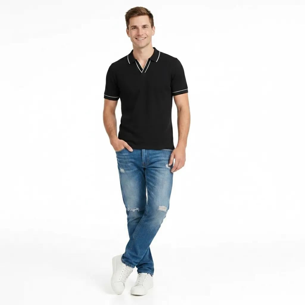 Men Black Solid Polo Collar T-shirt