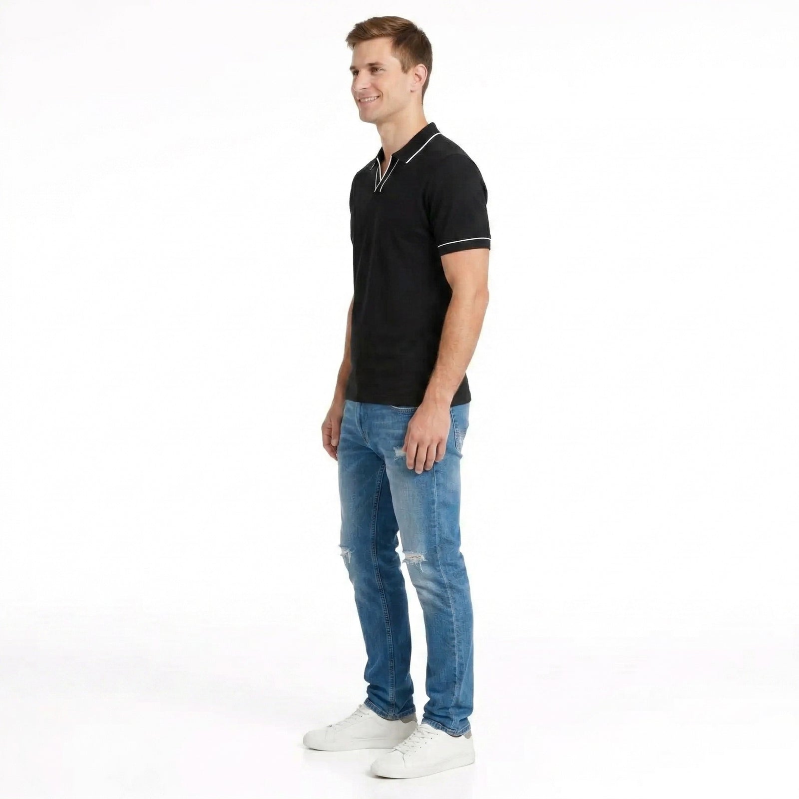 Men Black Solid Polo Collar T-shirt