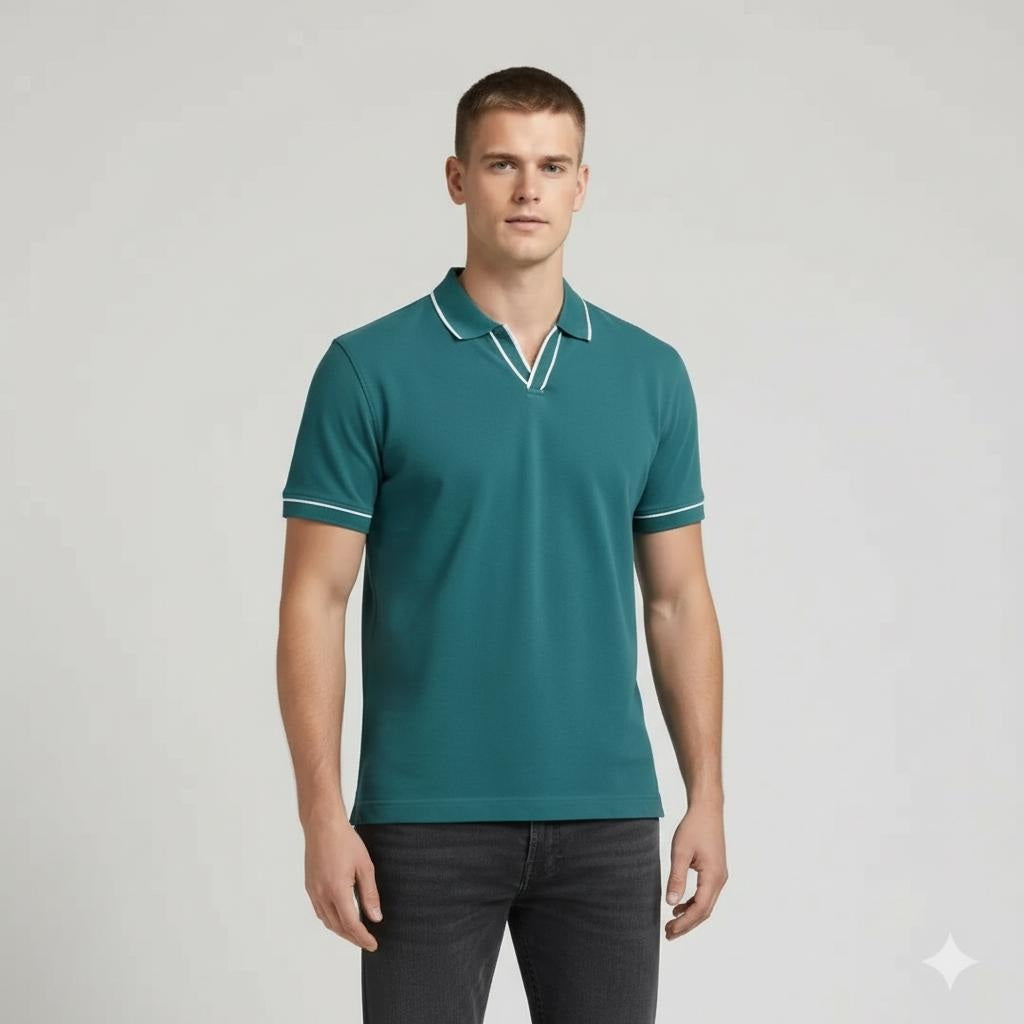 Men Bottle Green Solid Polo Collar T-shirt