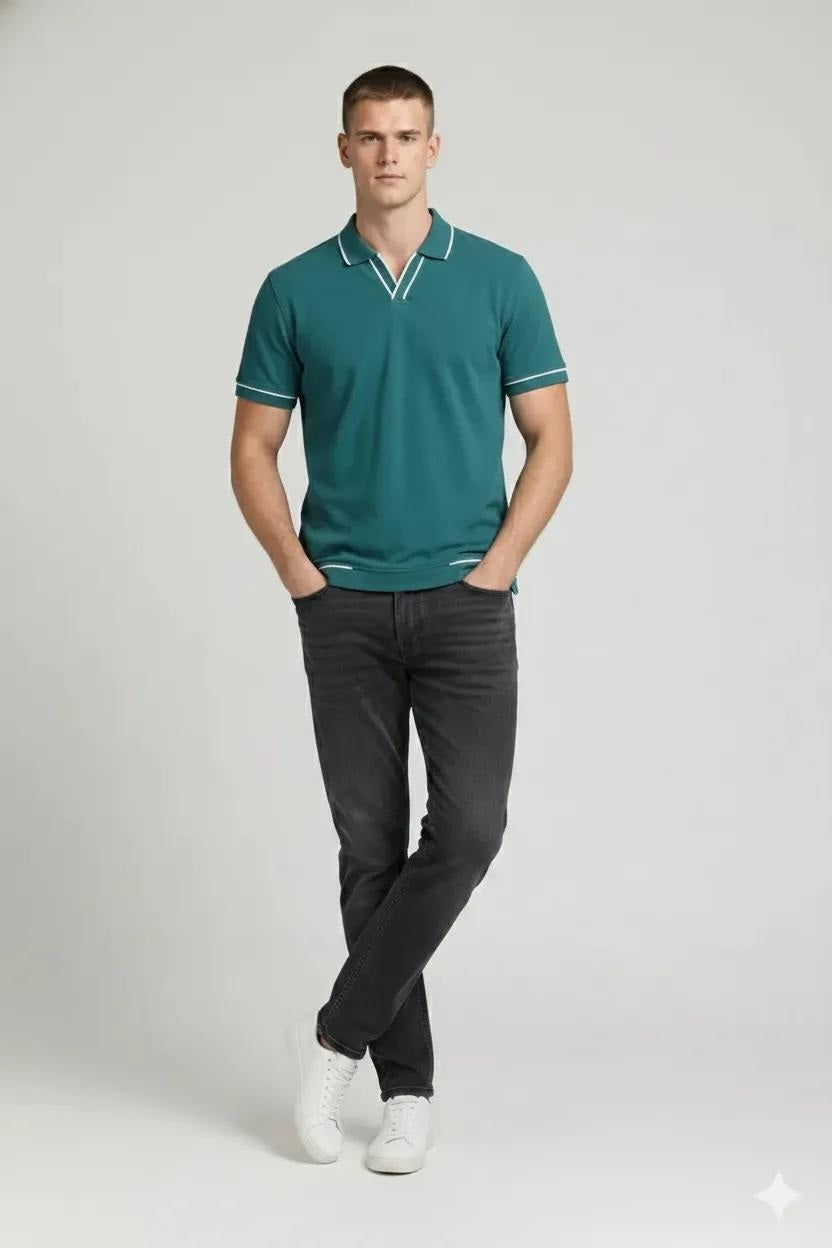 Men Bottle Green Solid Polo Collar T-shirt