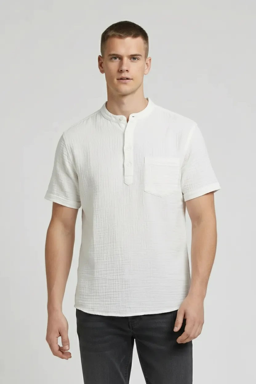 Men Off White Cotton Mandarin Collar Pockets T-shirt