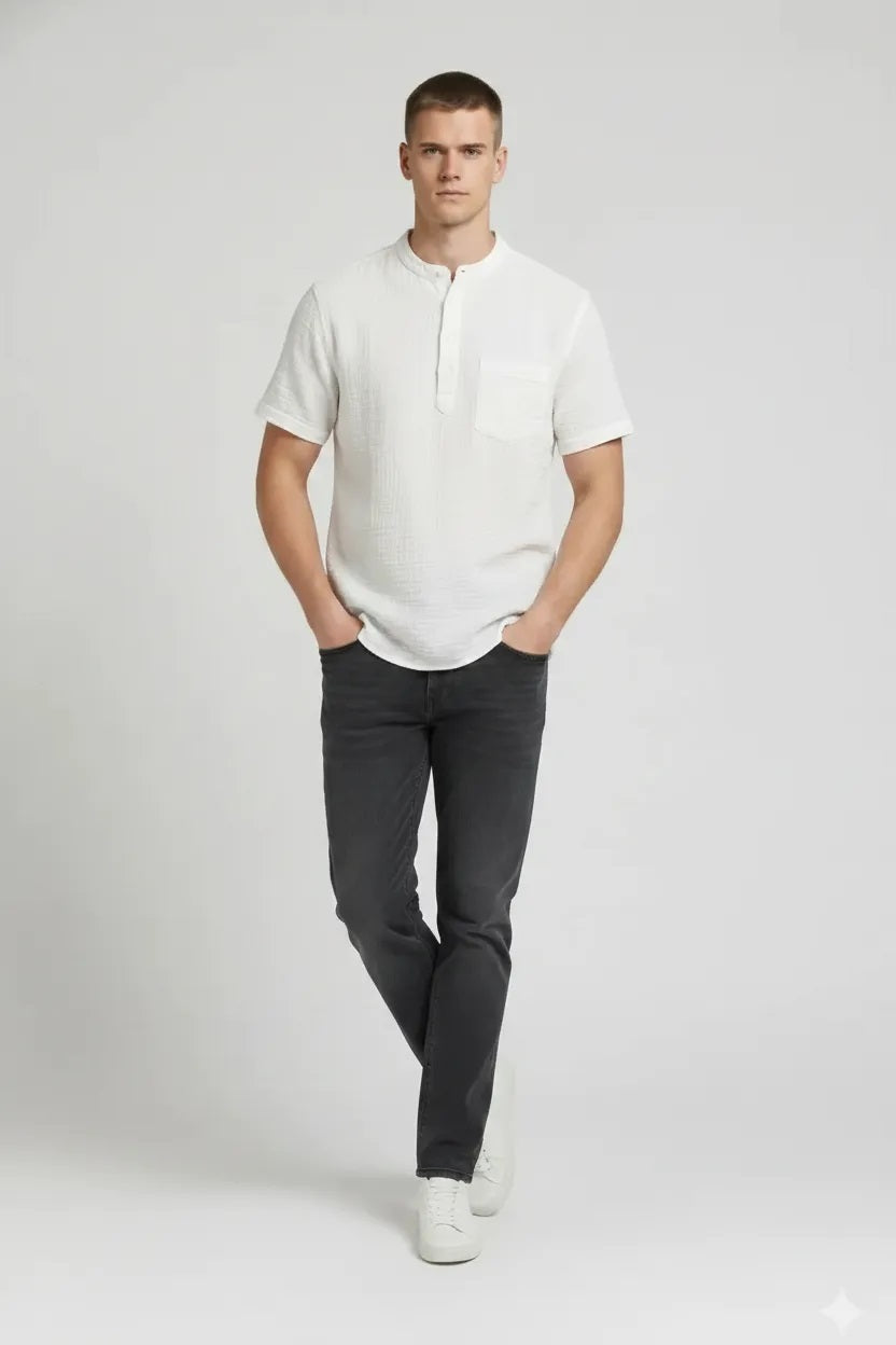 Men Off White Cotton Mandarin Collar Pockets T-shirt