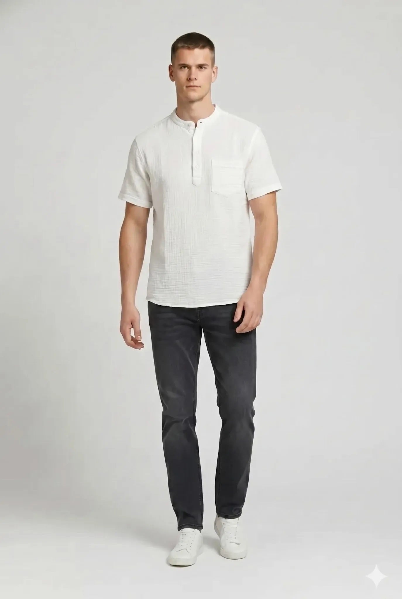Men Off White Cotton Mandarin Collar Pockets T-shirt