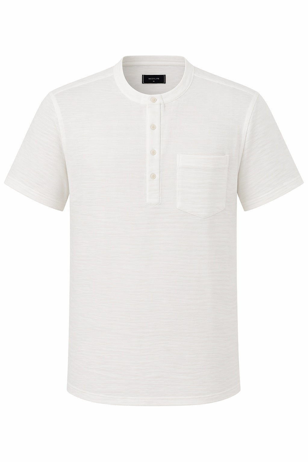 Men Off White Cotton Mandarin Collar Pockets T-shirt