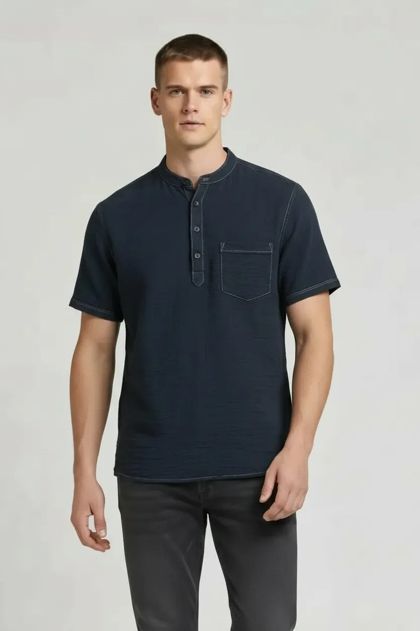Men Denim Mandarin Collar Pockets T-shirt