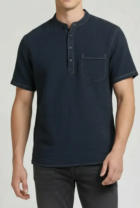 Men Denim Mandarin Collar Pockets T-shirt