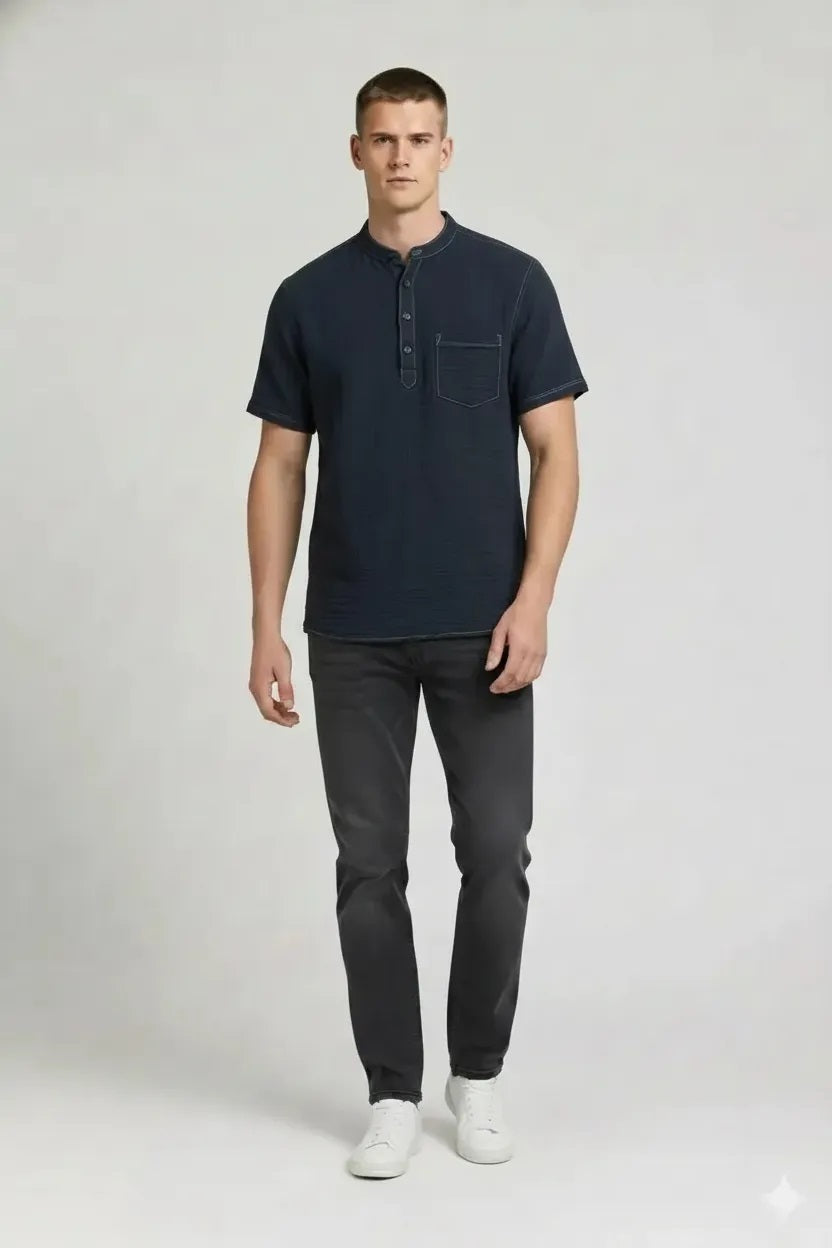 Men Denim Mandarin Collar Pockets T-shirt