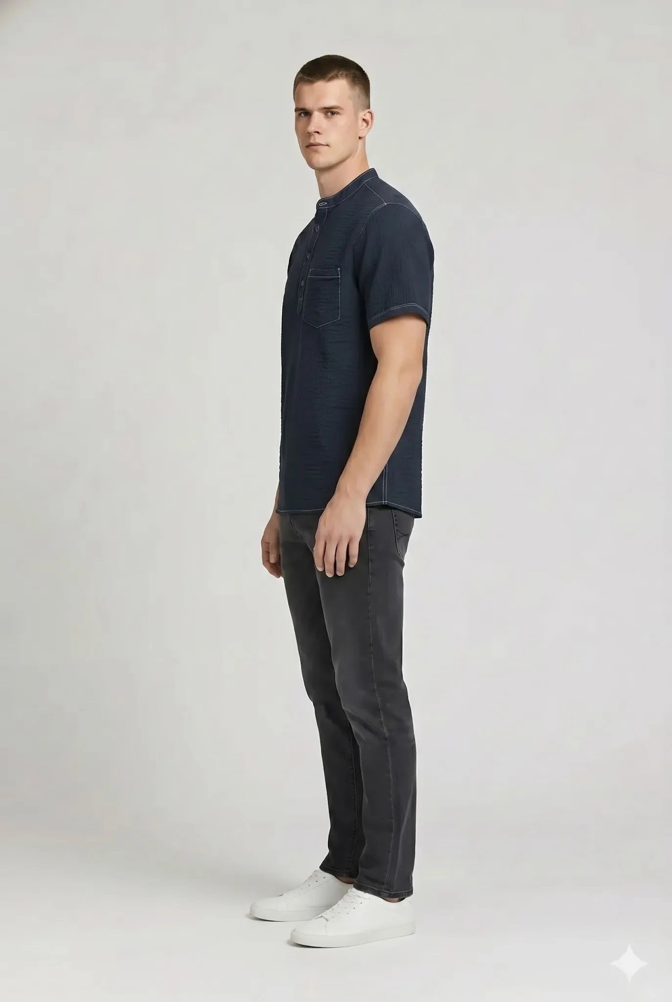 Men Denim Mandarin Collar Pockets T-shirt