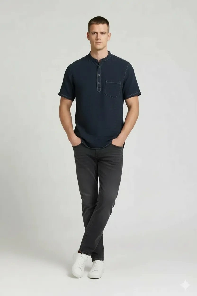 Men Denim Mandarin Collar Pockets T-shirt