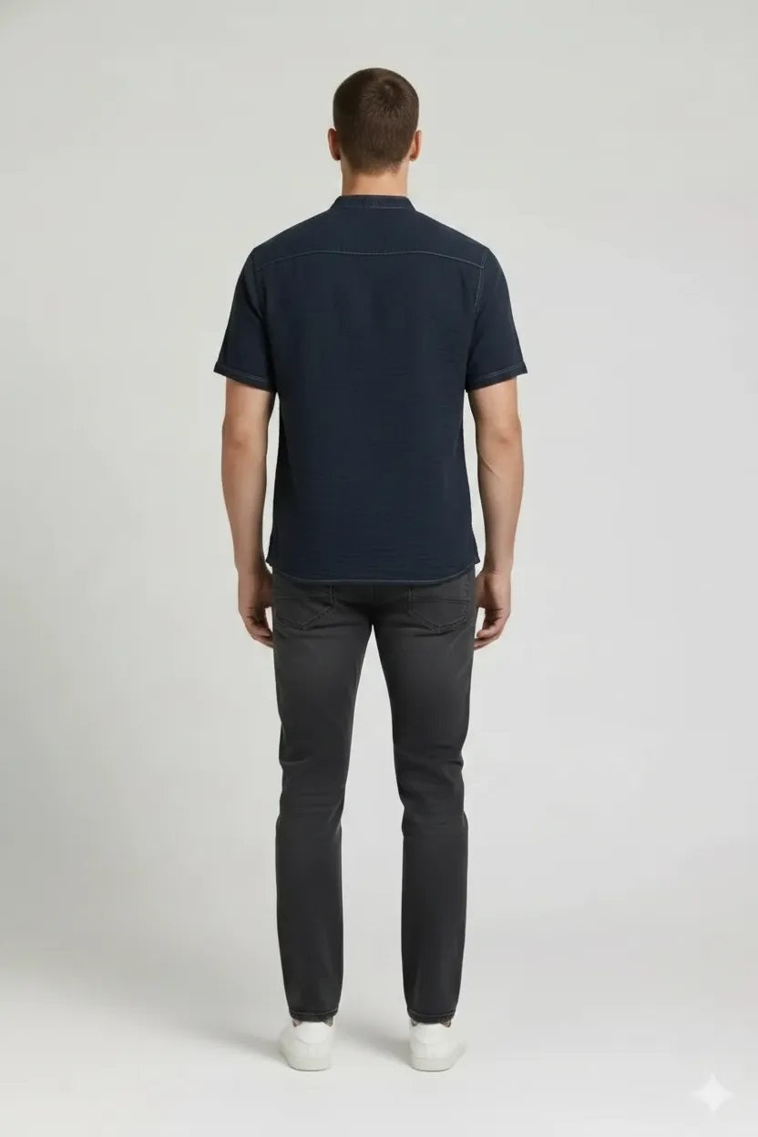 Men Denim Mandarin Collar Pockets T-shirt