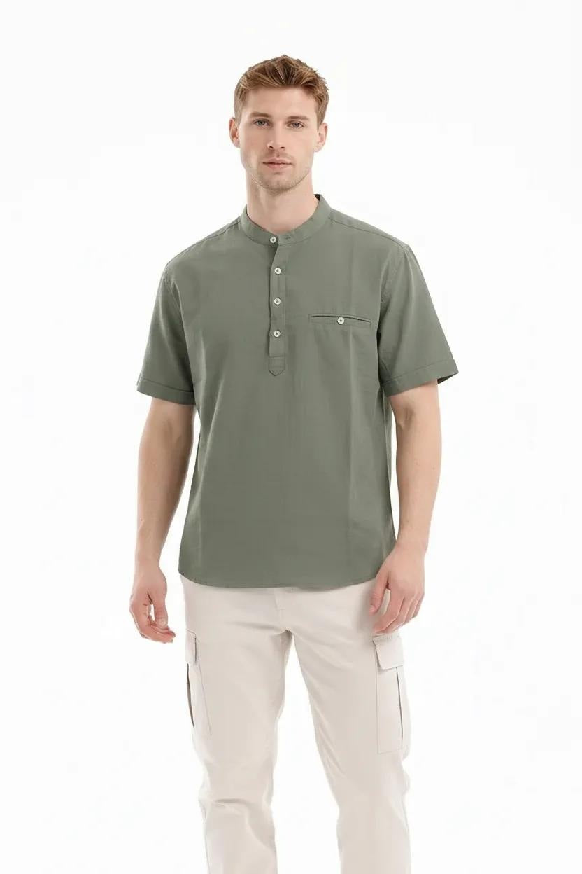 Men Fern Mandarin Collar Pockets T-shirt