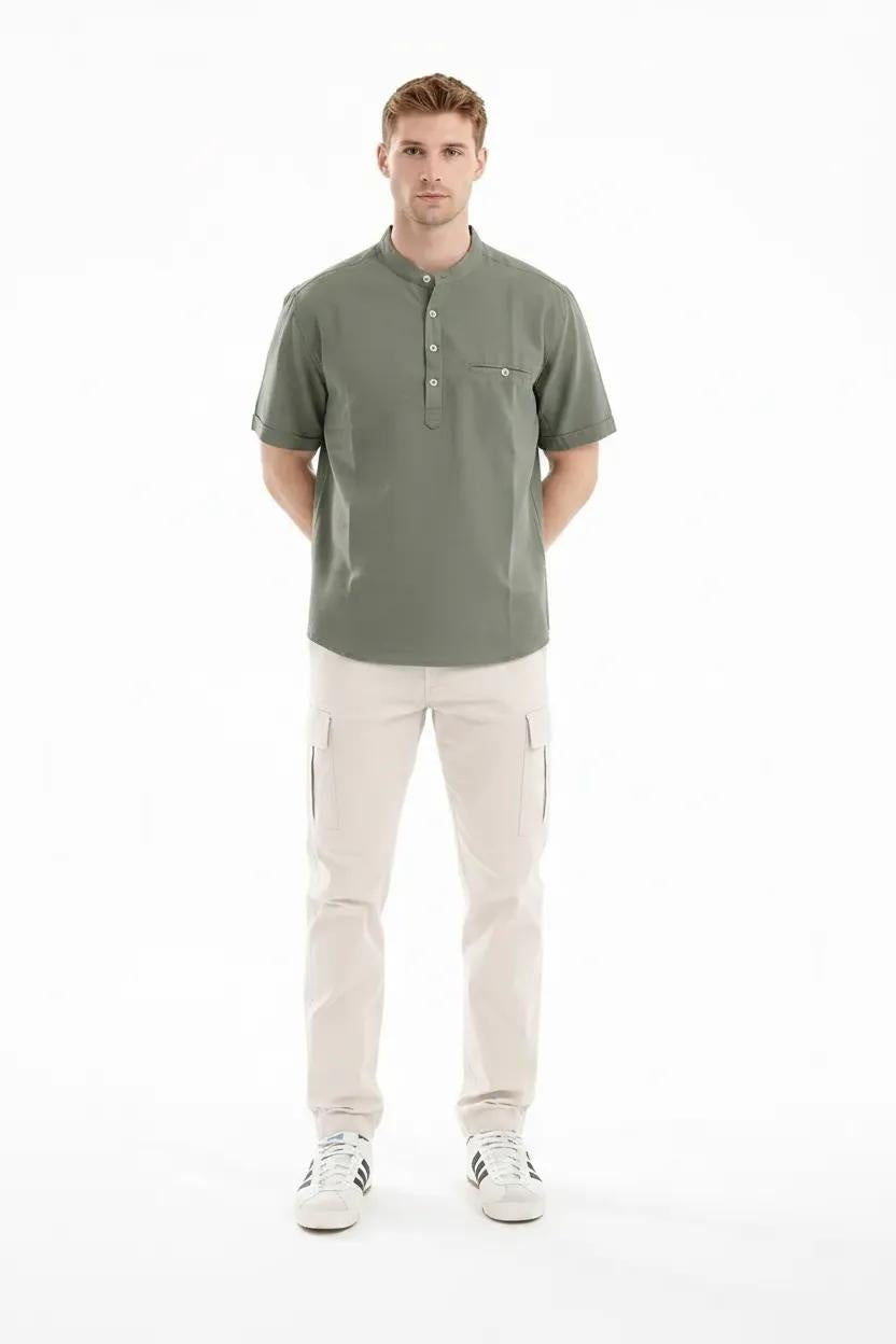 Men Fern Mandarin Collar Pockets T-shirt