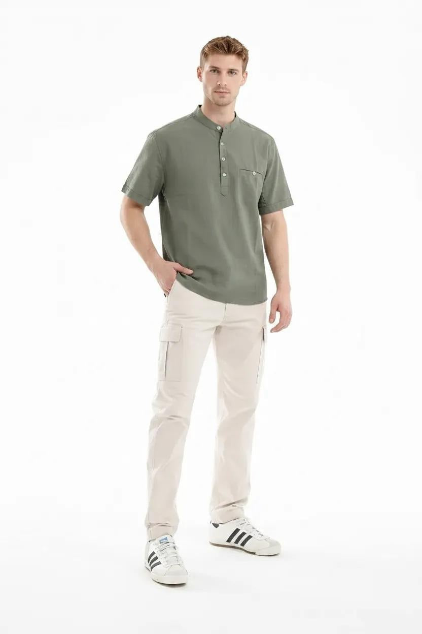Men Fern Mandarin Collar Pockets T-shirt