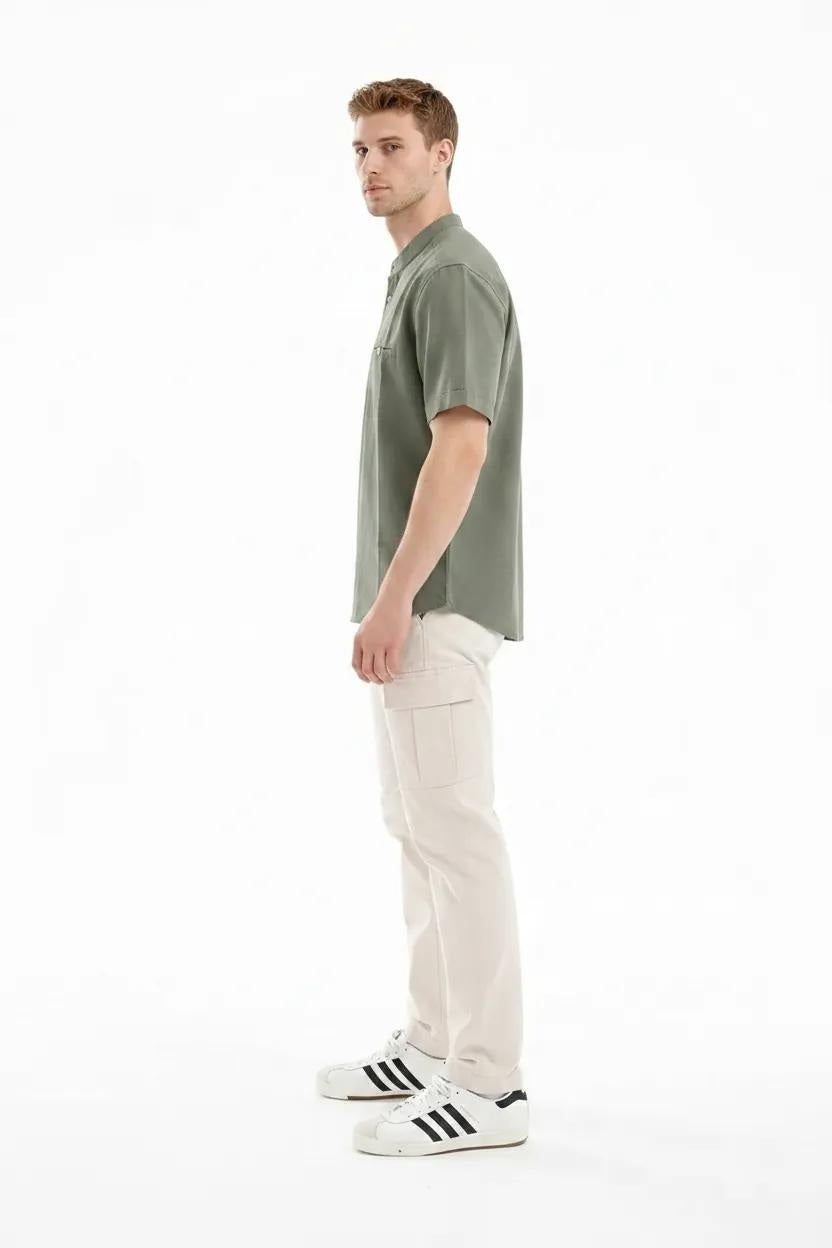 Men Fern Mandarin Collar Pockets T-shirt