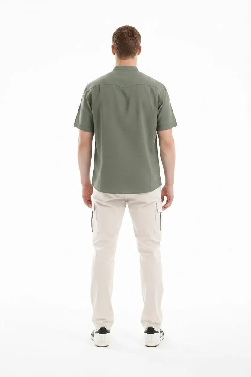 Men Fern Mandarin Collar Pockets T-shirt
