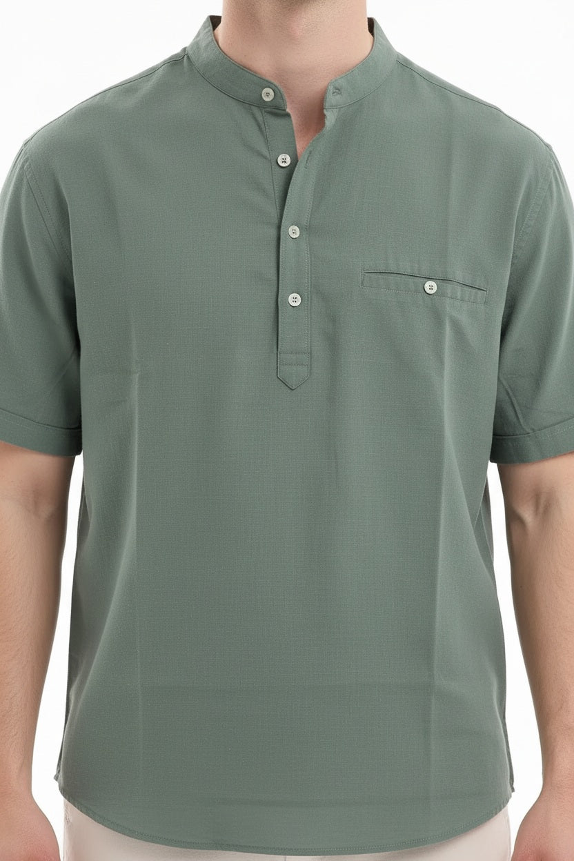 Men Fern Mandarin Collar Pockets T-shirt