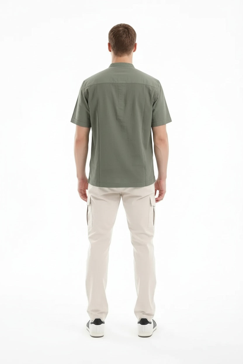 Men Fern Mandarin Collar Pockets T-shirt