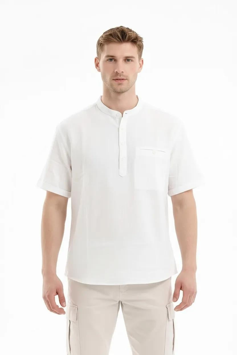 Men Off White Mandarin Collar Pockets T-shirt