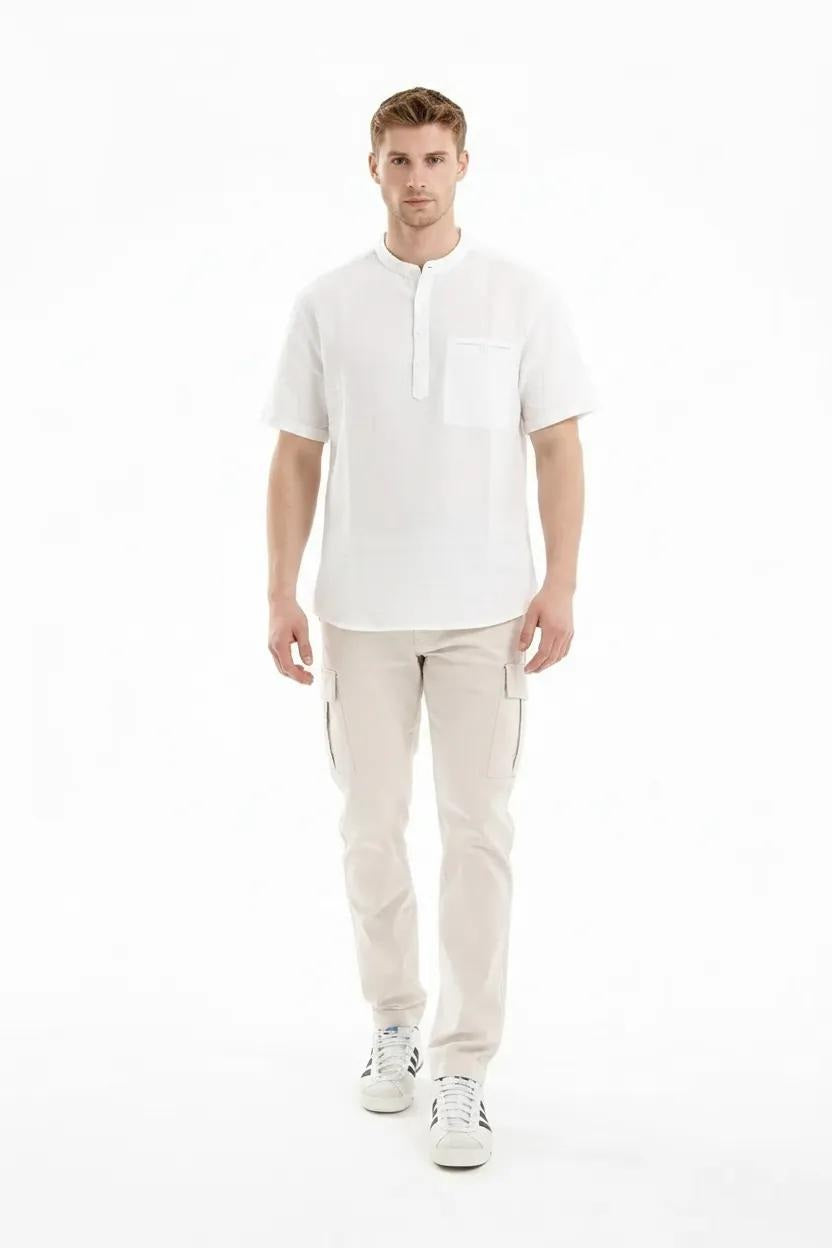 Men Off White Mandarin Collar Pockets T-shirt
