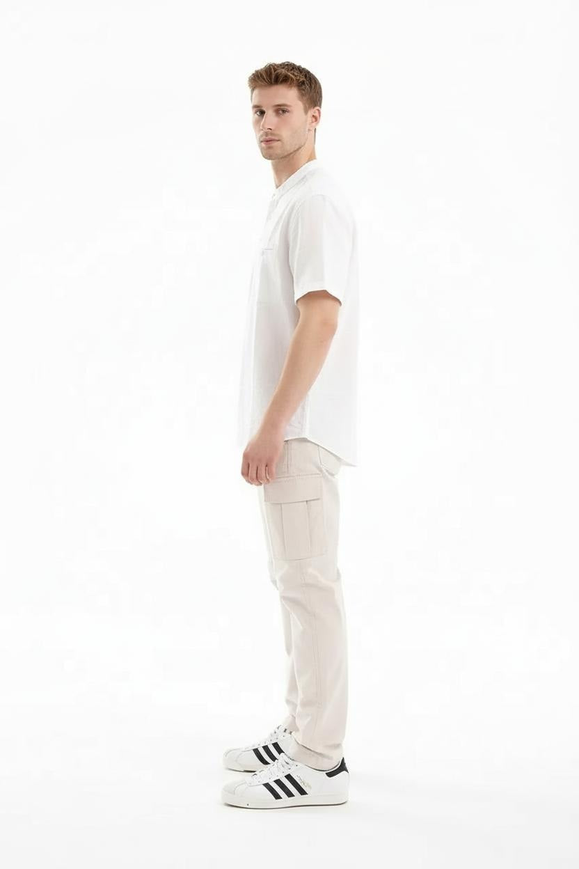 Men Off White Mandarin Collar Pockets T-shirt