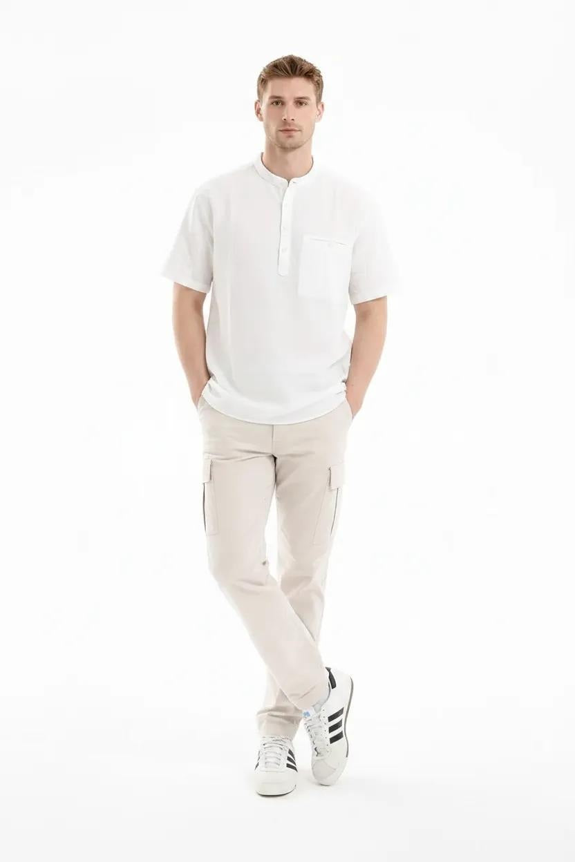 Men Off White Mandarin Collar Pockets T-shirt