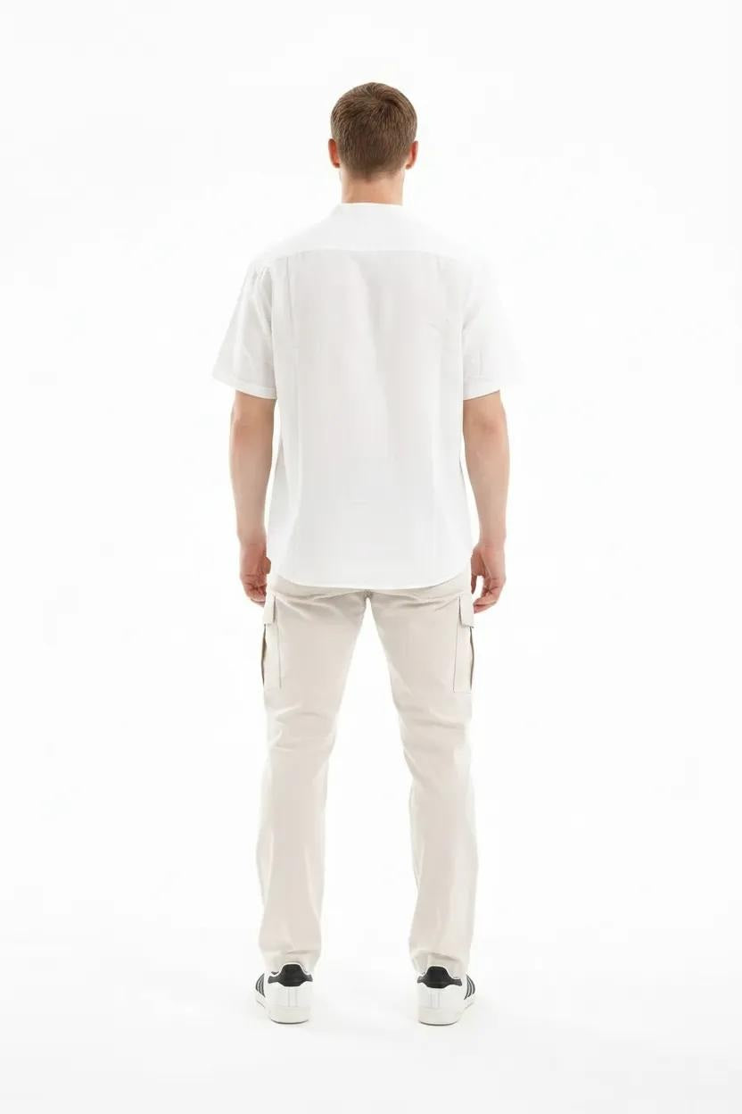 Men Off White Mandarin Collar Pockets T-shirt