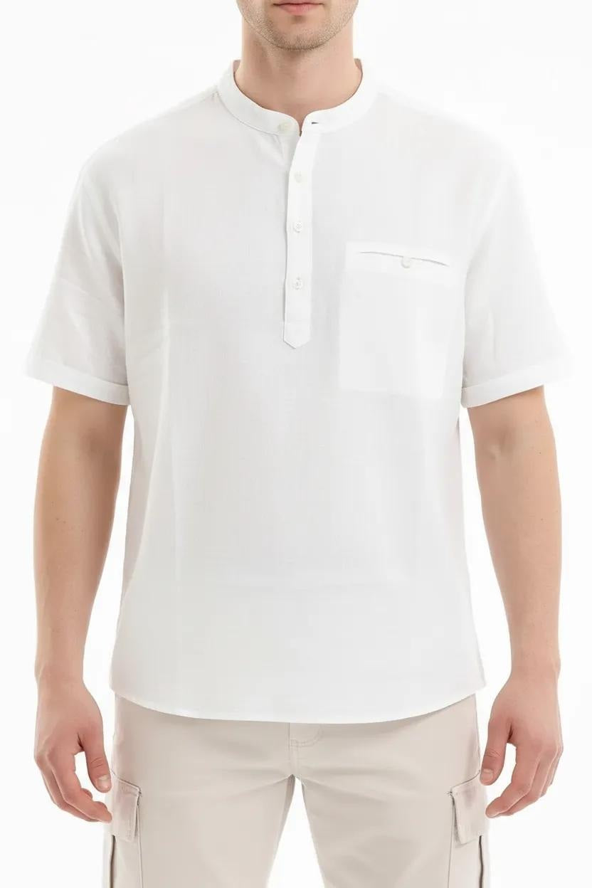 Men Off White Mandarin Collar Pockets T-shirt