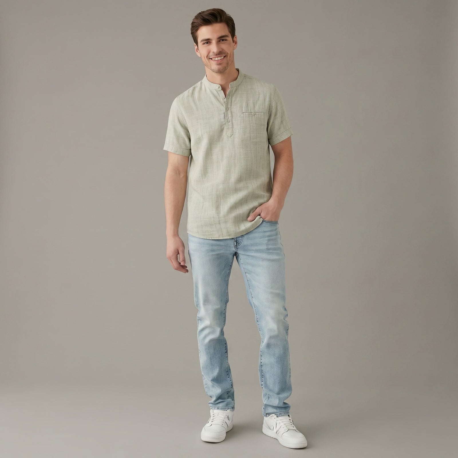 Men Mint Mandarin Collar Pockets T-shirt