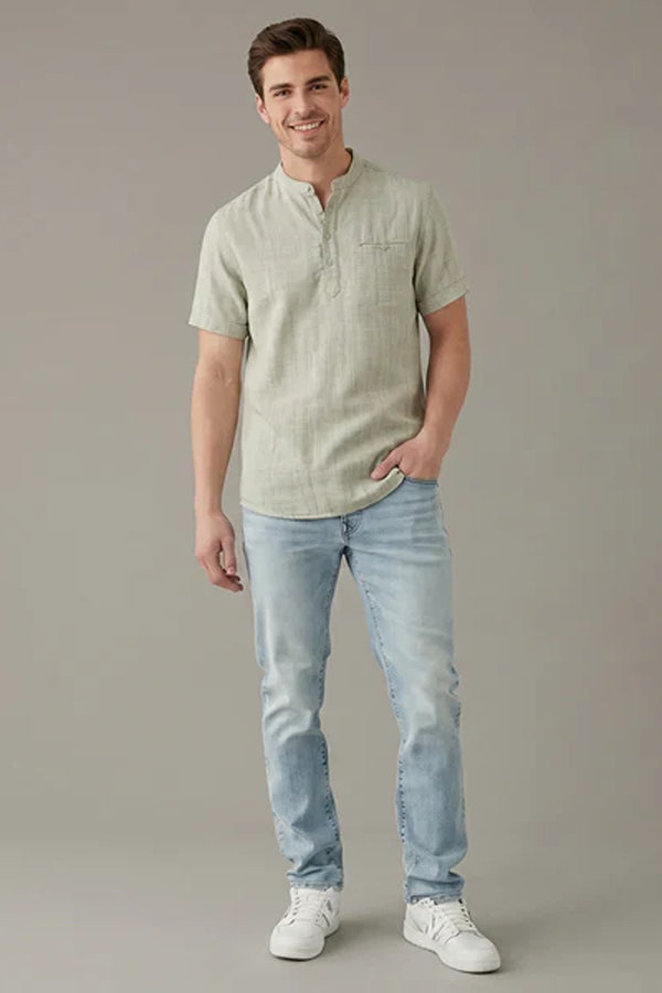 Men Mandarin Collar Pockets T-shirt