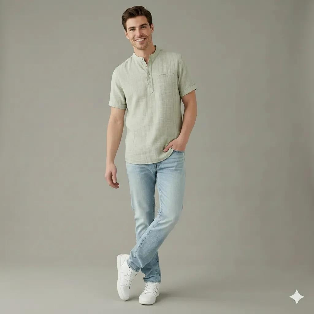 Men Mint Mandarin Collar Pockets T-shirt
