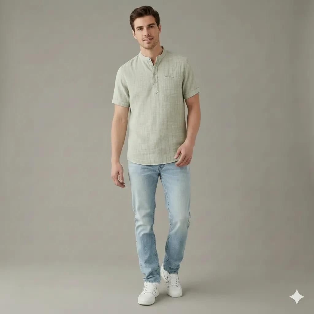 Men Mint Mandarin Collar Pockets T-shirt