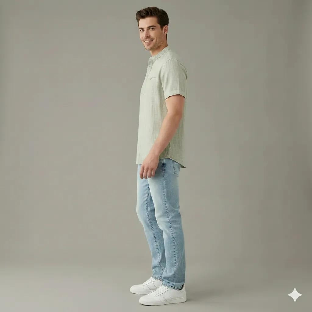 Men Mint Mandarin Collar Pockets T-shirt