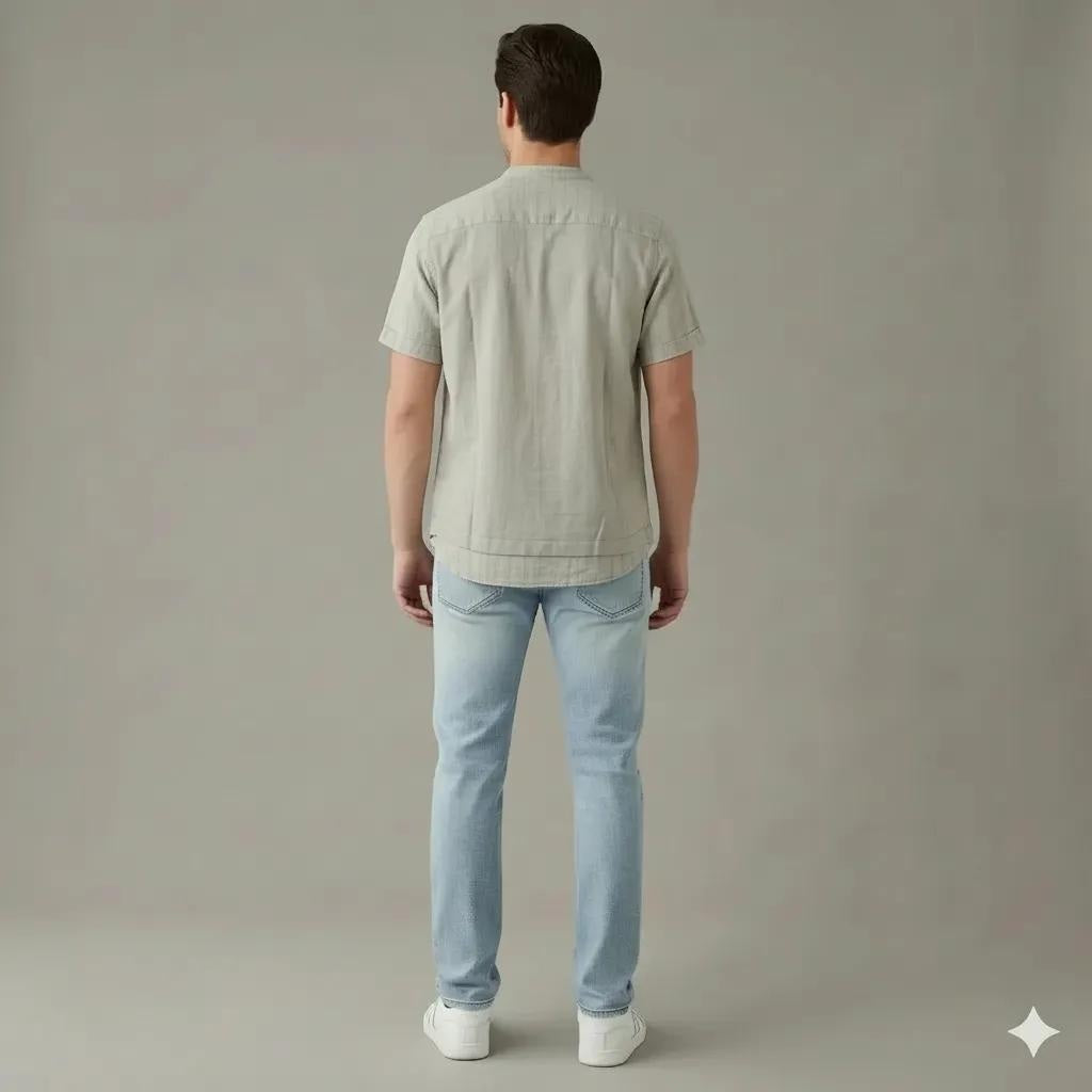 Men Mint Mandarin Collar Pockets T-shirt