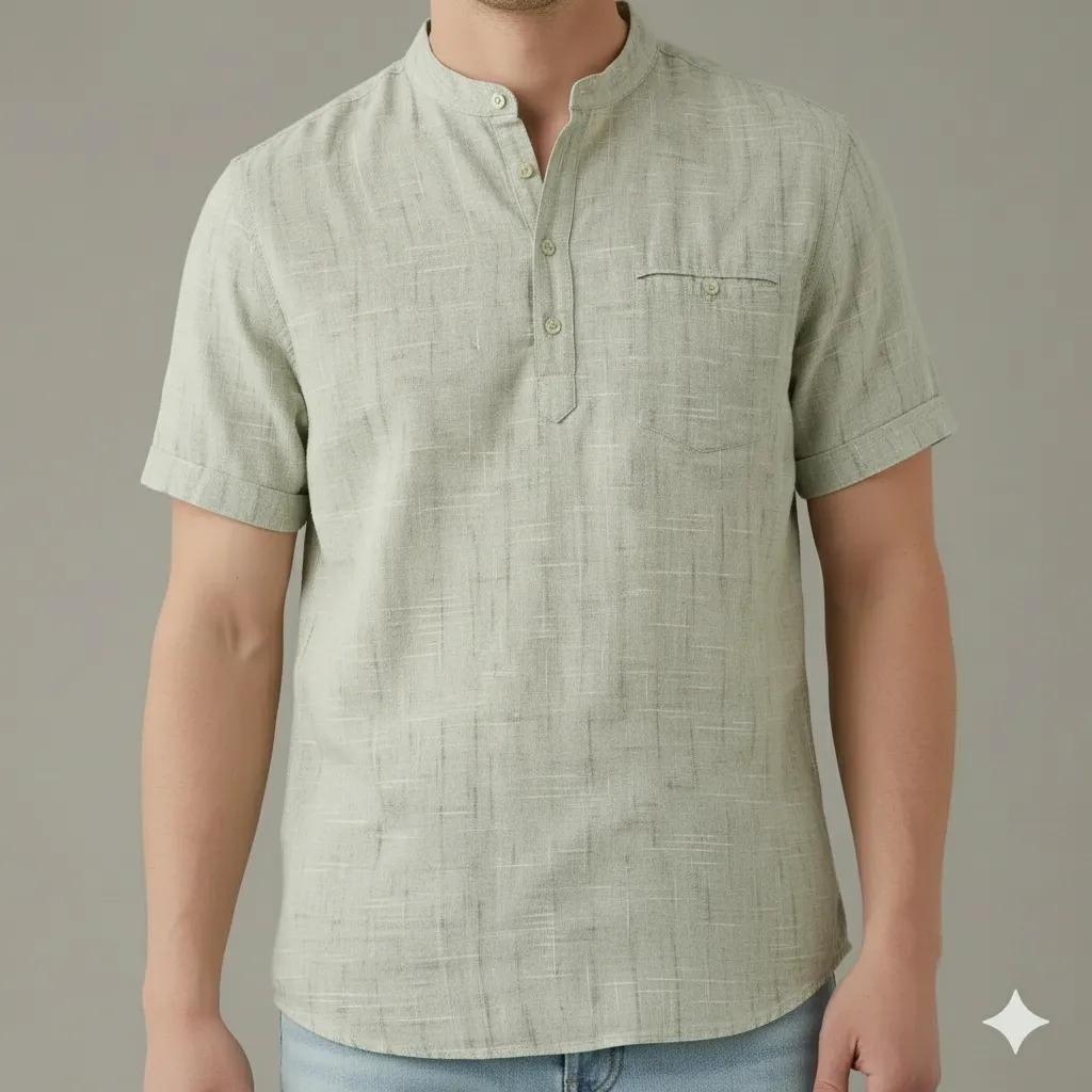 Men Mint Mandarin Collar Pockets T-shirt