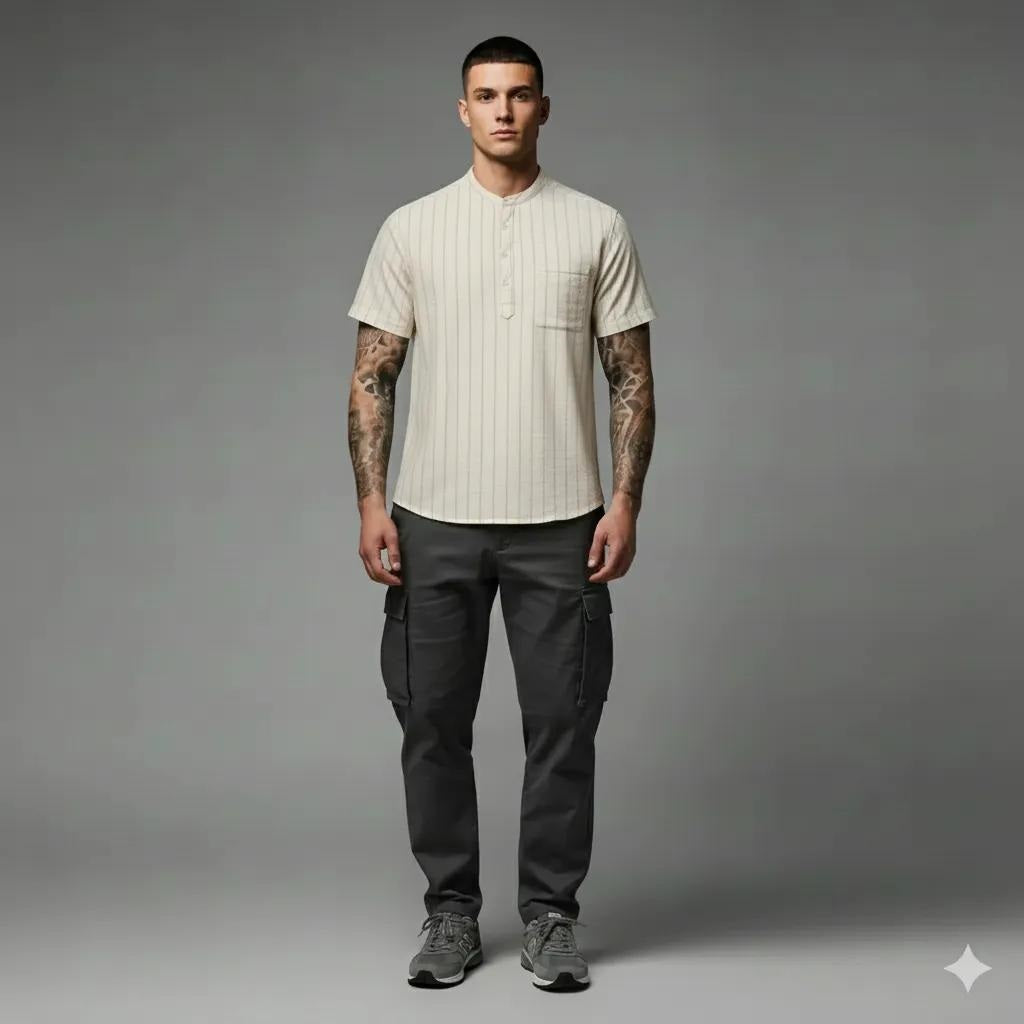 Men Natural Mandarin Collar Pockets T-shirt