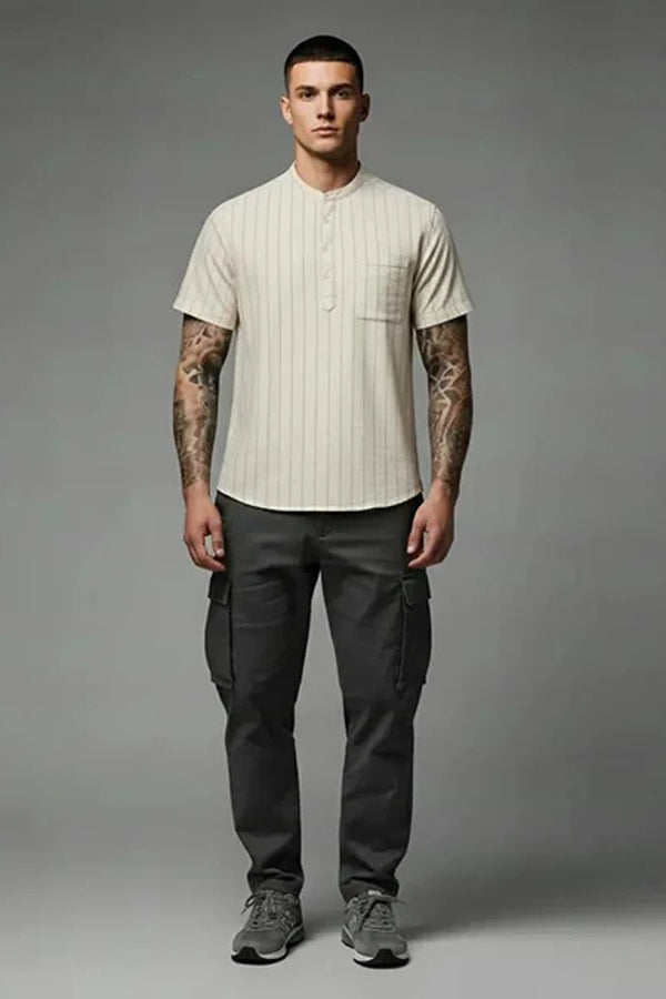 Men Mandarin Collar Pockets T-shirt