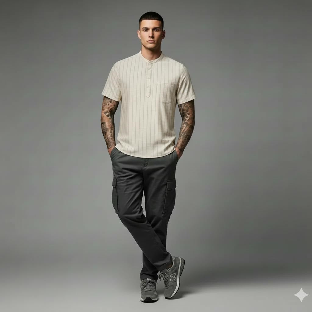 Men Natural Mandarin Collar Pockets T-shirt