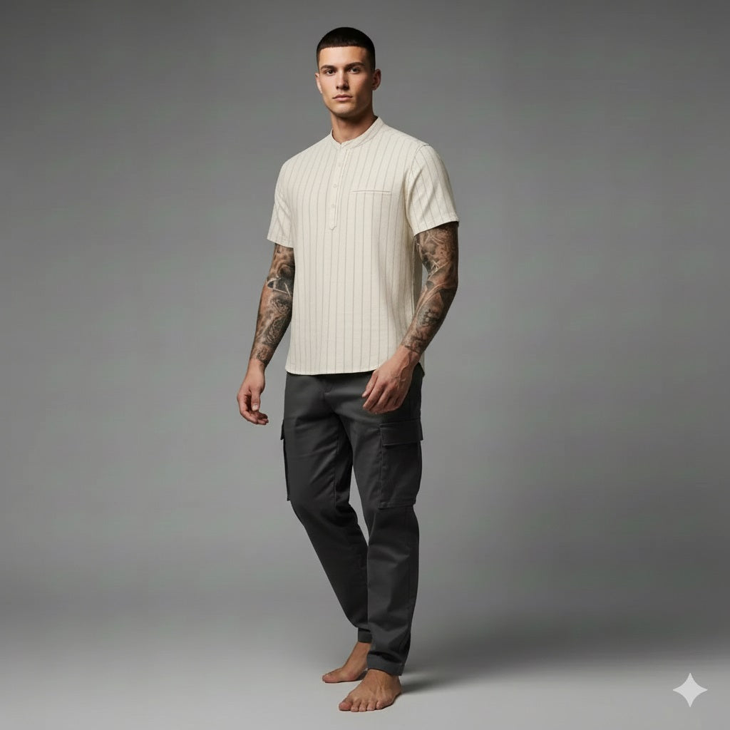 Men Natural Mandarin Collar Pockets T-shirt