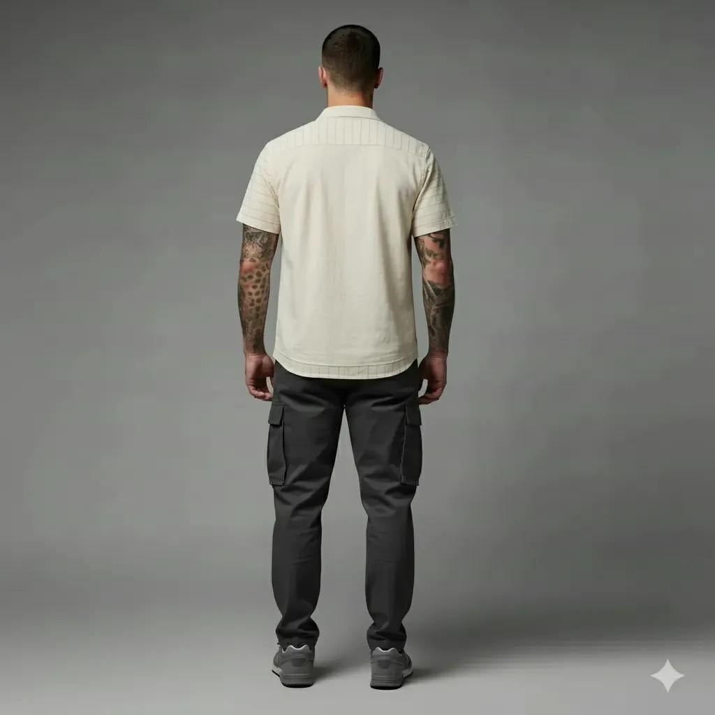 Men Natural Mandarin Collar Pockets T-shirt