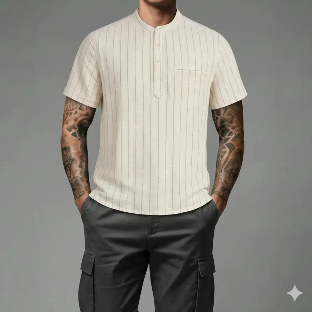 Men Natural Mandarin Collar Pockets T-shirt
