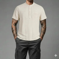 Men Natural Mandarin Collar Pockets T-shirt