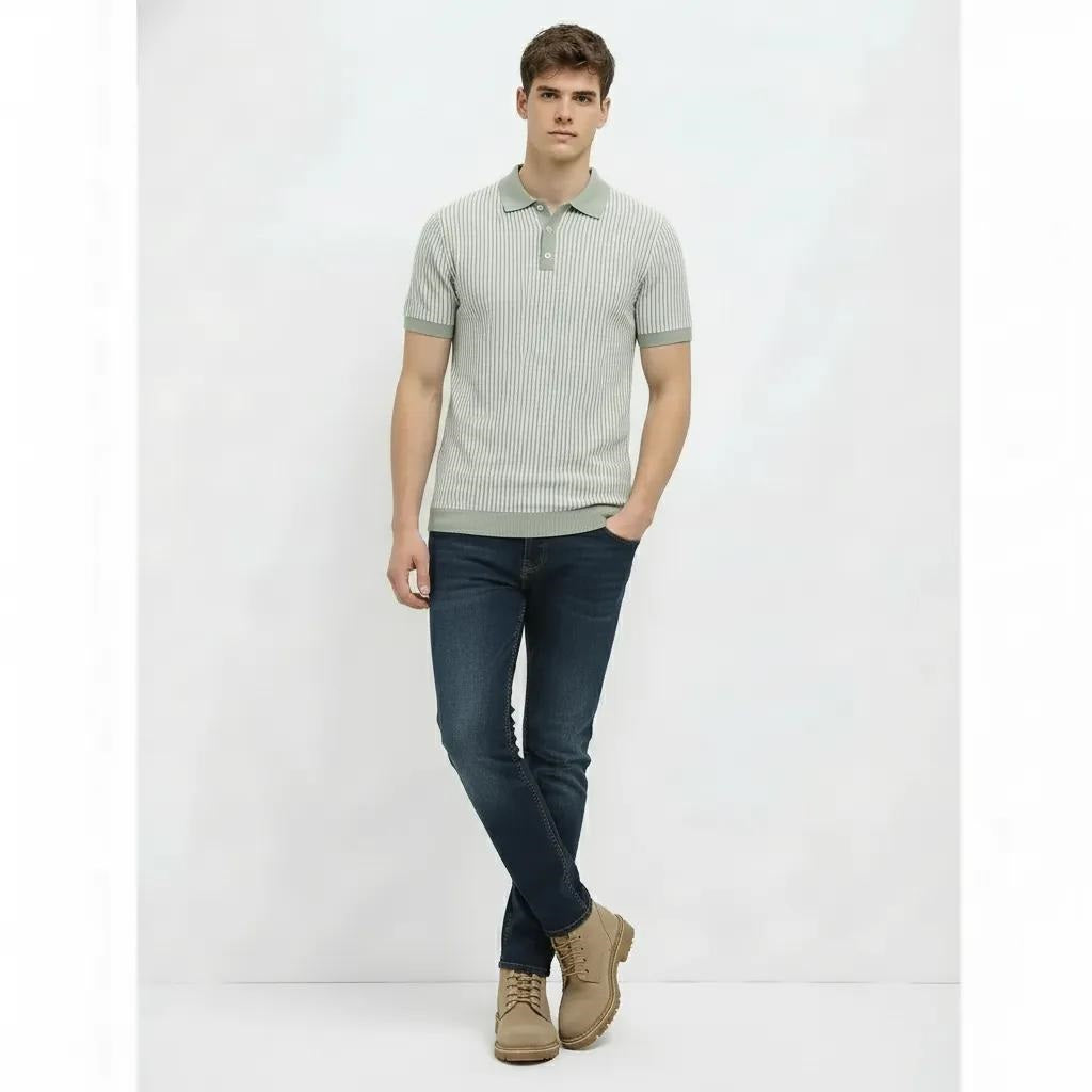 Men Desert Sage Striped Polo Collar T-shirt