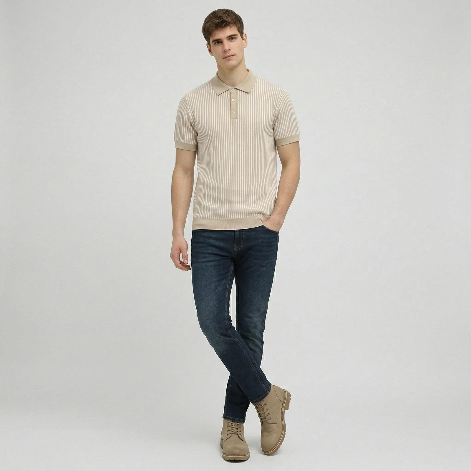 Men Light Mastic Striped Polo Collar T-shirt