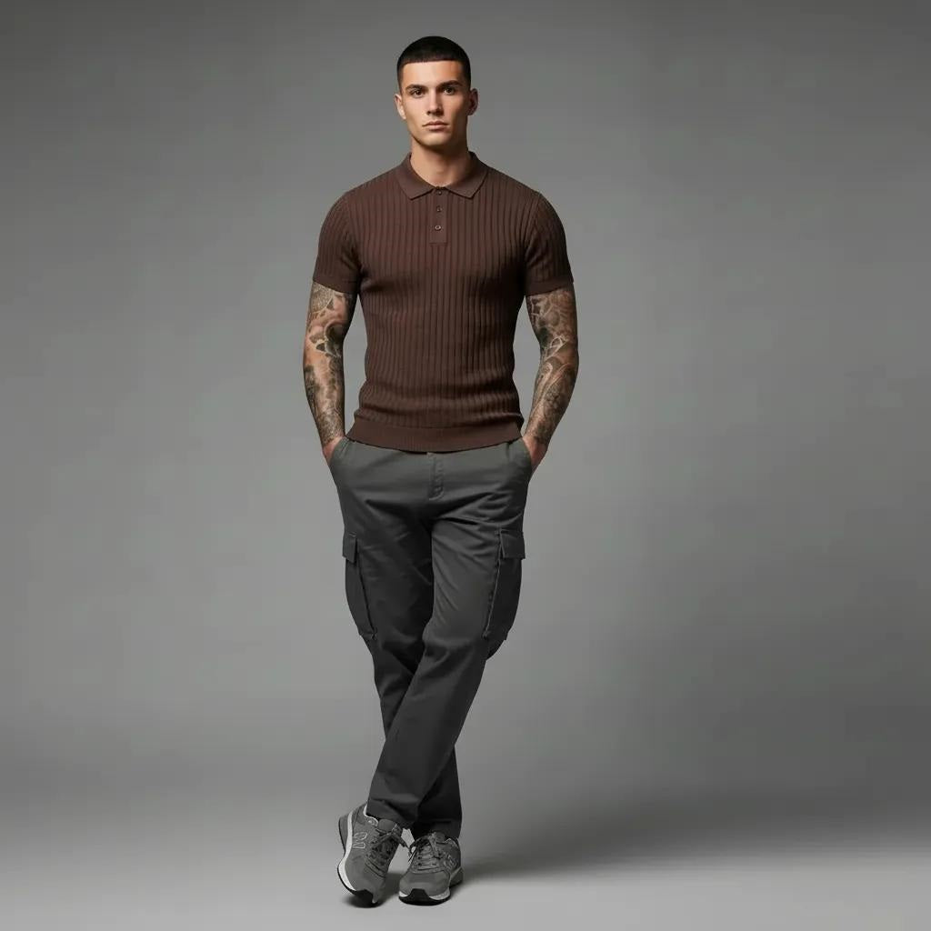 Men Tiramisu Striped Polo Collar T-shirt