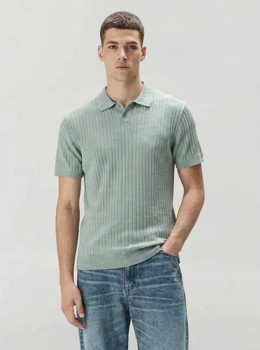 Men Fern Melange Striped Polo Collar T-shirt