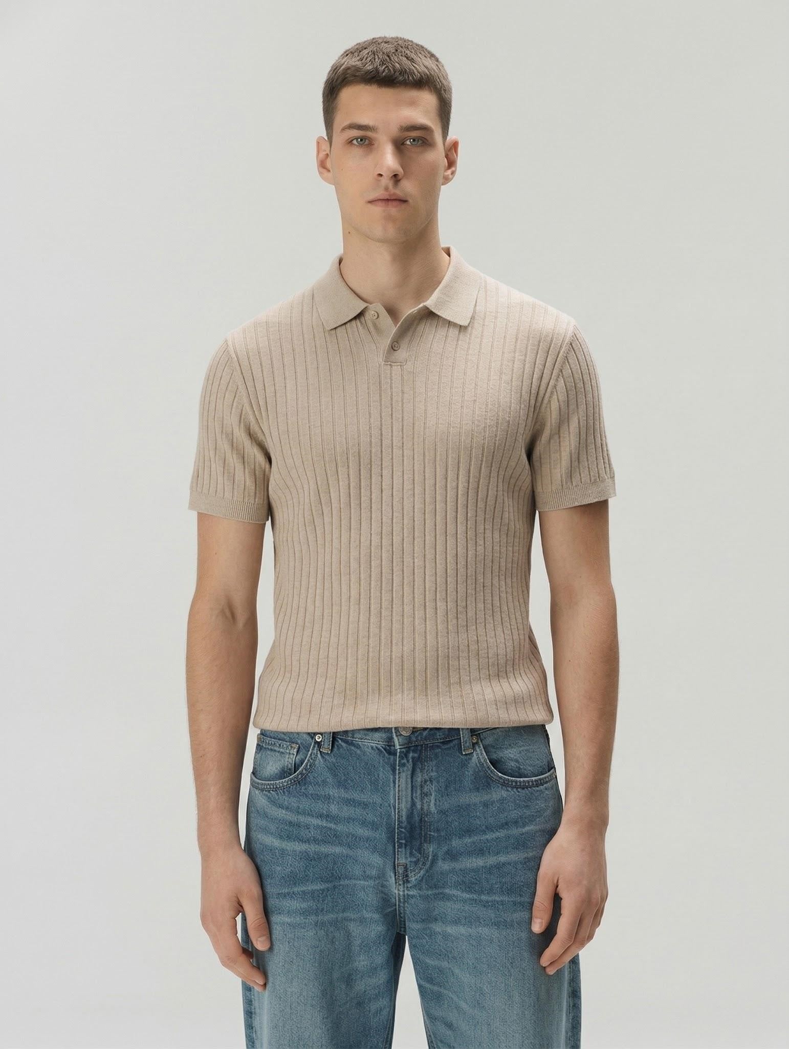 Men Khaki Melange Striped Polo Collar T-shirt
