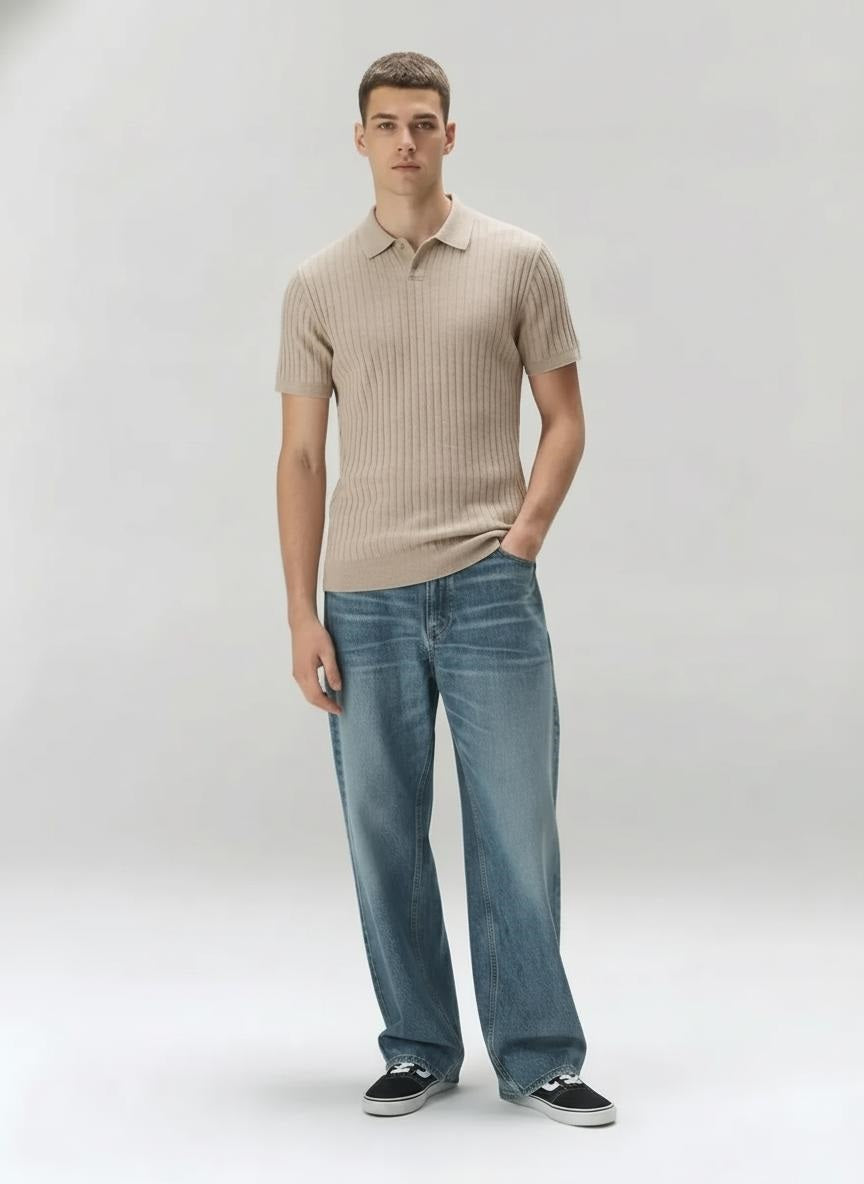 Men Khaki Melange Striped Polo Collar T-shirt